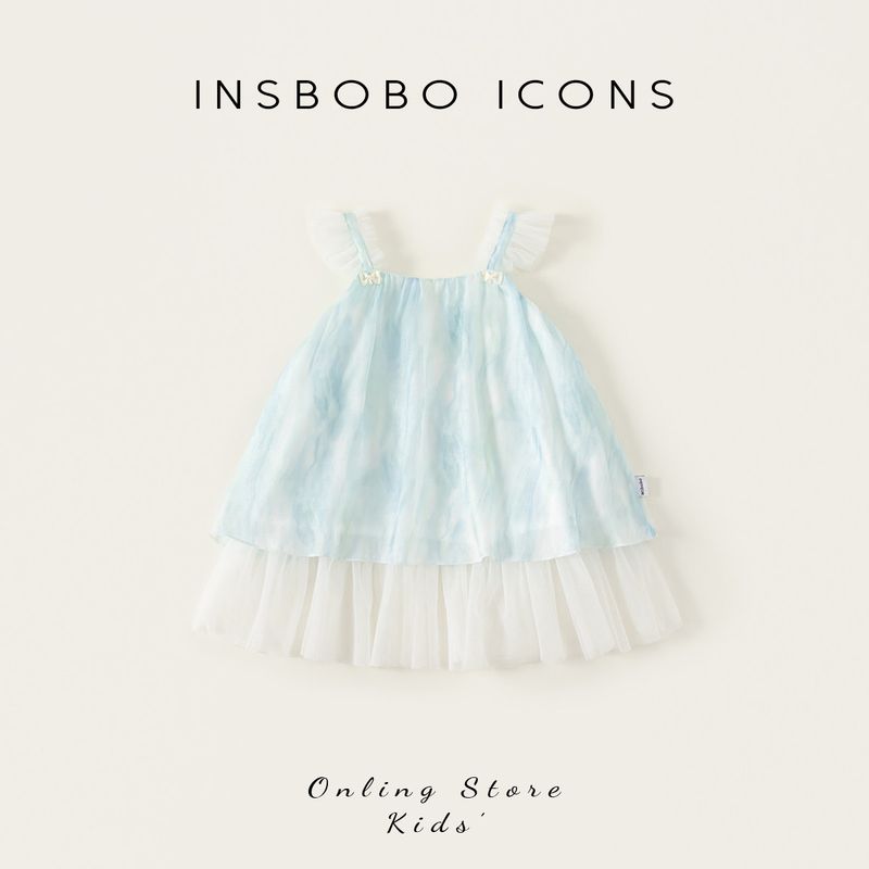 Insbobo Girls  Dress Summer New Style Baby Girl Suspender Dress Children s Dress Girl Summer Dress Mesh Dress Trendy Light Blue 100