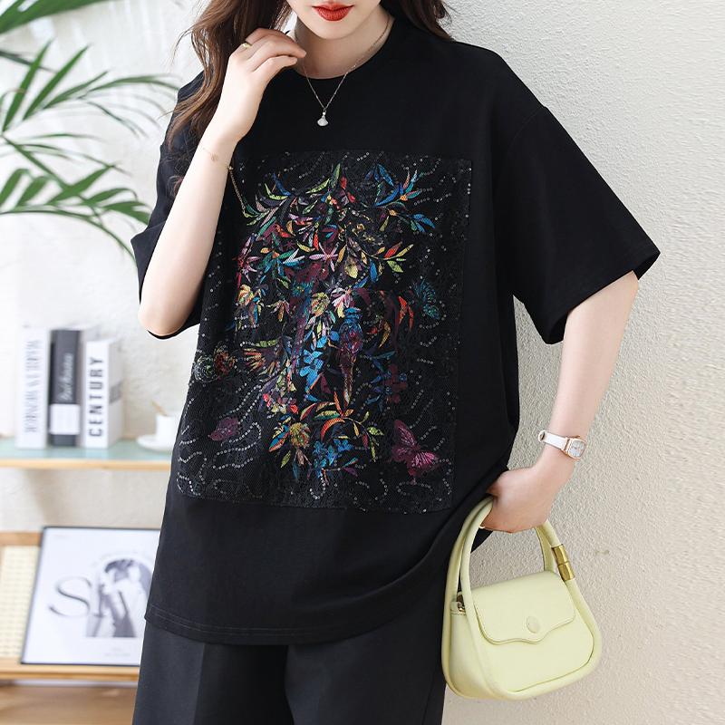 Dimanaf 2025 Summer Plus Size Tops Cotton O-Neck T-Shirt Printing Women Short Sleeve Loose Tees