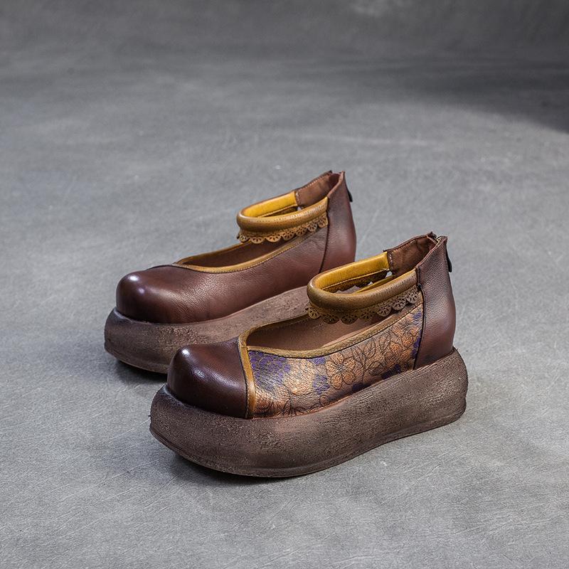 

Johnature Толстая подошва увеличивающая рост обувь из натуральной кожи с принтом ретро женские туфли на плоской платформе 40 кофейный