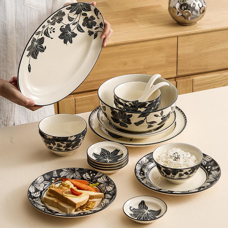 Hand Drawn Floral Ceramic Tableware, Rice Bowls, Ceramic Plates, Dessert Plates, Soup Bowls, Seasoning Plates, Kitchen Utensils