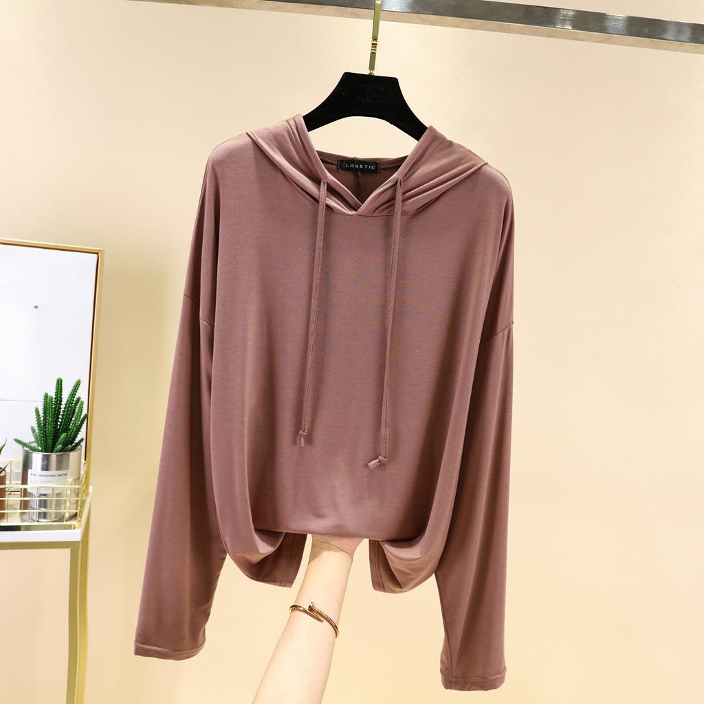 Modales Langarm-T-Shirt mit Kapuze für Damen im Frühling, lässig, große Größe, lockeres Innenhemd, dünnes Oberteil mit Sonnenschutz