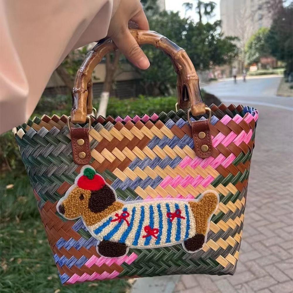 Puppy Pattern Retro Striped Woven Bag Bamboo Handle Summer Women's Handbag  Casual Shopping