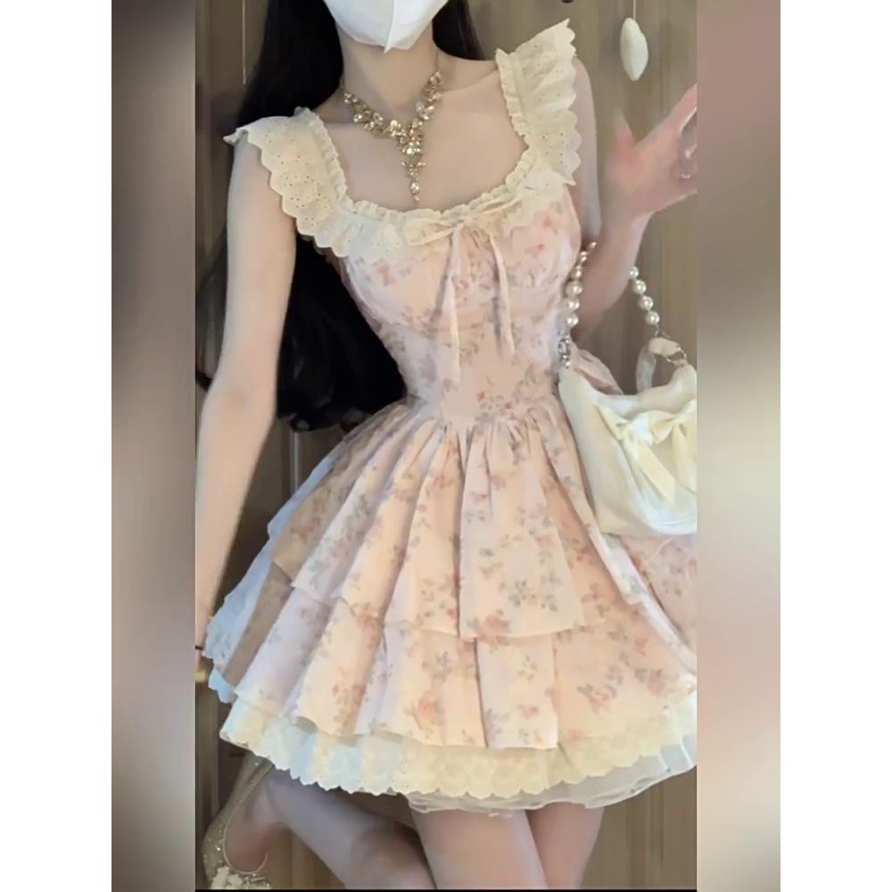 

Самодельное платье принцессы с короткими рукавами-крылышками, нежным цветочным принтом на талии, приталенное, с квадратным вырезом, пышное, женское S- (can be worn within 45kg) розовый