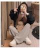 Petite Women's High-Waisted Black & White Striped Fleece-Lined Wide-Leg Pants for Autumn/Winter
