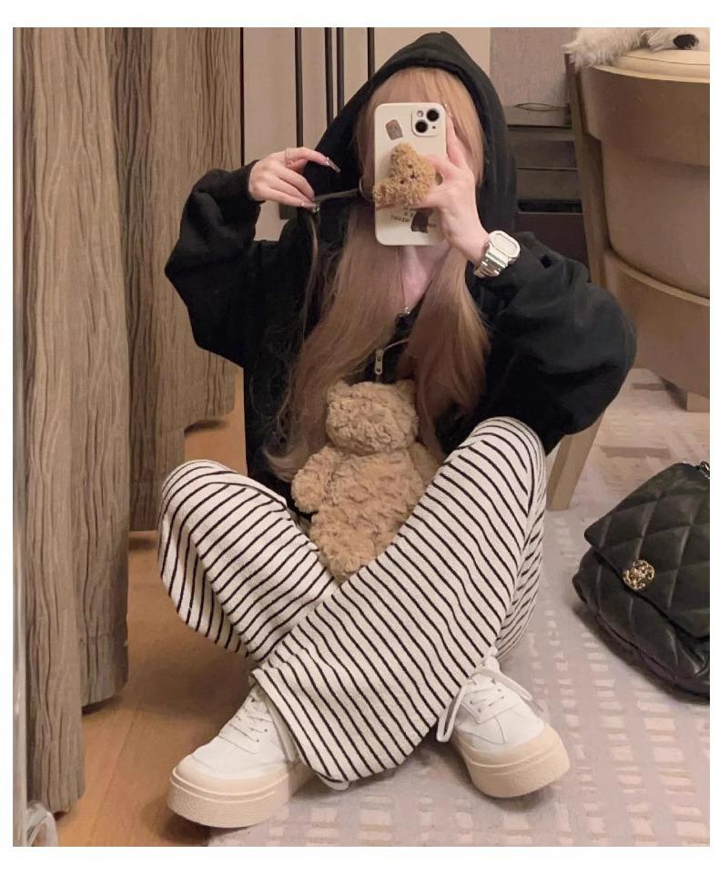 Petite Women's High-Waisted Black & White Striped Fleece-Lined Wide-Leg Pants for Autumn/Winter