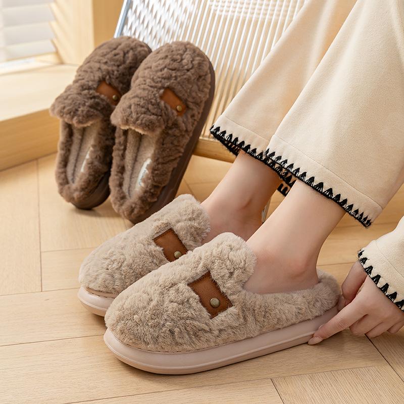 Premium Cotton Slippers Winter Non-slip Couple Fluffy Slippers Plush Thick-soled Home Thermal Shoes