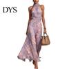 Waist Slimming Dress Floral Chiffon for Women, Halter Sleeveless Ruched Maxi Tallening Body Shape Dress, Turtle Neck Wedding Guest Cocktail