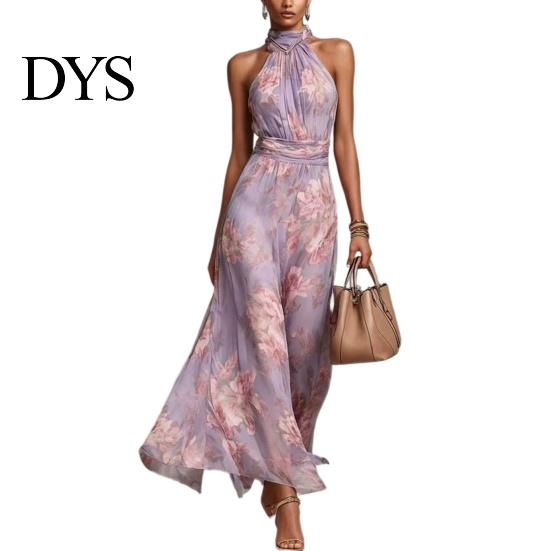 Waist Slimming Dress Floral Chiffon for Women, Halter Sleeveless Ruched Maxi Tallening Body Shape Dress, Turtle Neck Wedding Guest Cocktail
