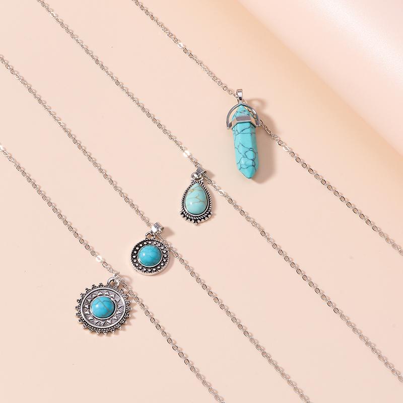 4Pcs/Set Bohemia Turquoise Stone Sun Pendant Necklace for Women Girls Party Festival Jewelry Gifts