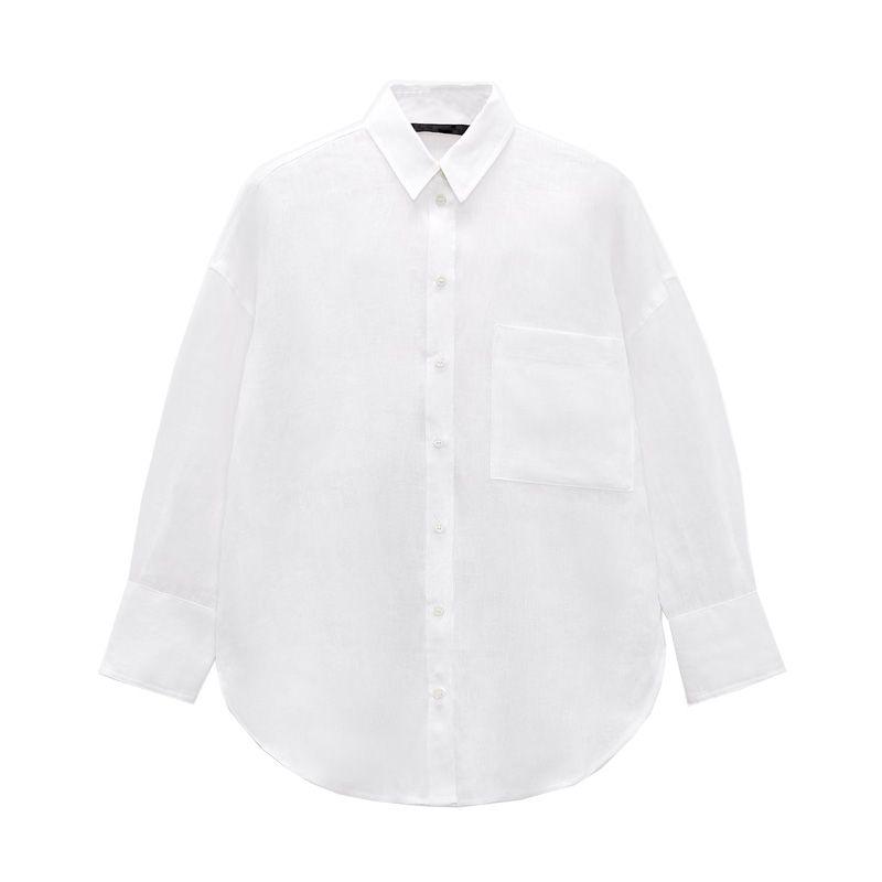Za Spring/Summer New Style White Sun Protection Shirt Lapel Loose Breasted Single Pocket Linen Shirt 8372036