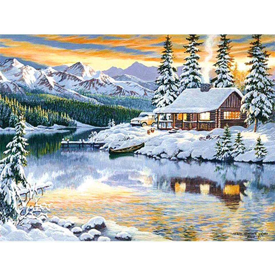 5D DIY Diamond Painting Landscape Winter House Full Round Rhinestone Embroidery Cross Stitch Kit Mosaic Picture Decoration Gift