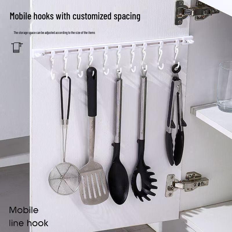 Sliding Hanging Hook Rack for Cabinet Doors, No-Drill Adhesive Rail for Spoons, Spatulas, and Kitchen Tools