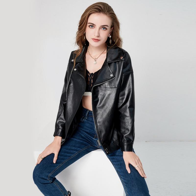 European and American locomotive leather jacket women's horizontal zipper leather jacket women's short slim leather jacket