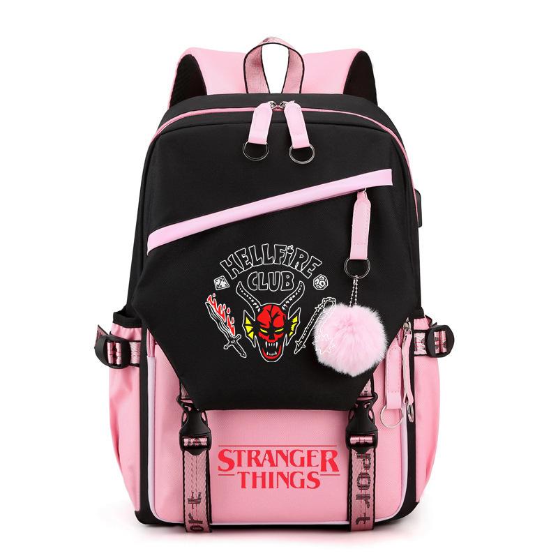 Stranger Things Strangerthings4 Peripheral Backpack Student School Bag Business Computer Bag faux fur pom pom
