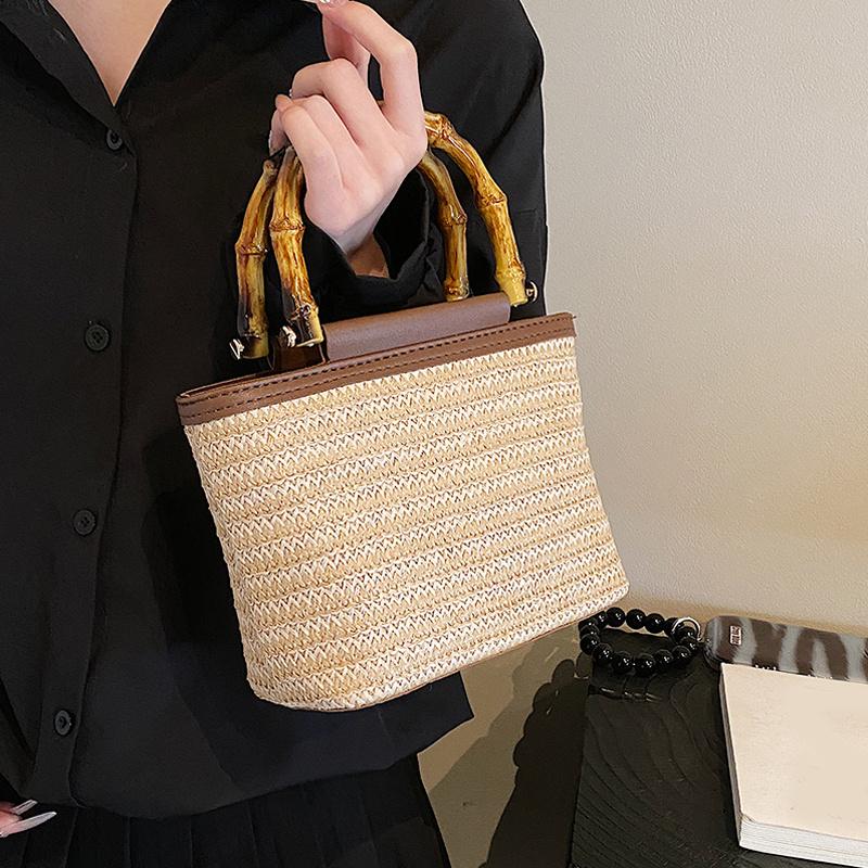 Weaving Bag Summer New Bamboo Handle Tote Straw Bag Niche Simple Shoulder Crossbody Bucket Bag Women's Bag AVE