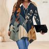 Women Plus Size V Neck Long Sleeve Abstract Floral Geometric Printed Asymmetric Hem Tunic Top