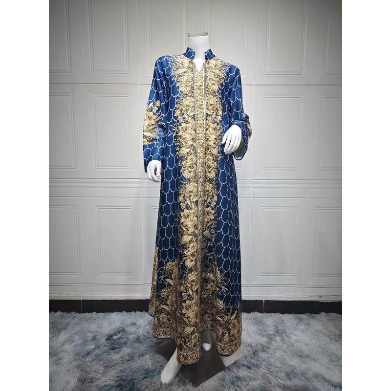 

New Middle East Dubai Fashion Hot Drilling Print Dress Diamond Studded Printed Dress Blue XL