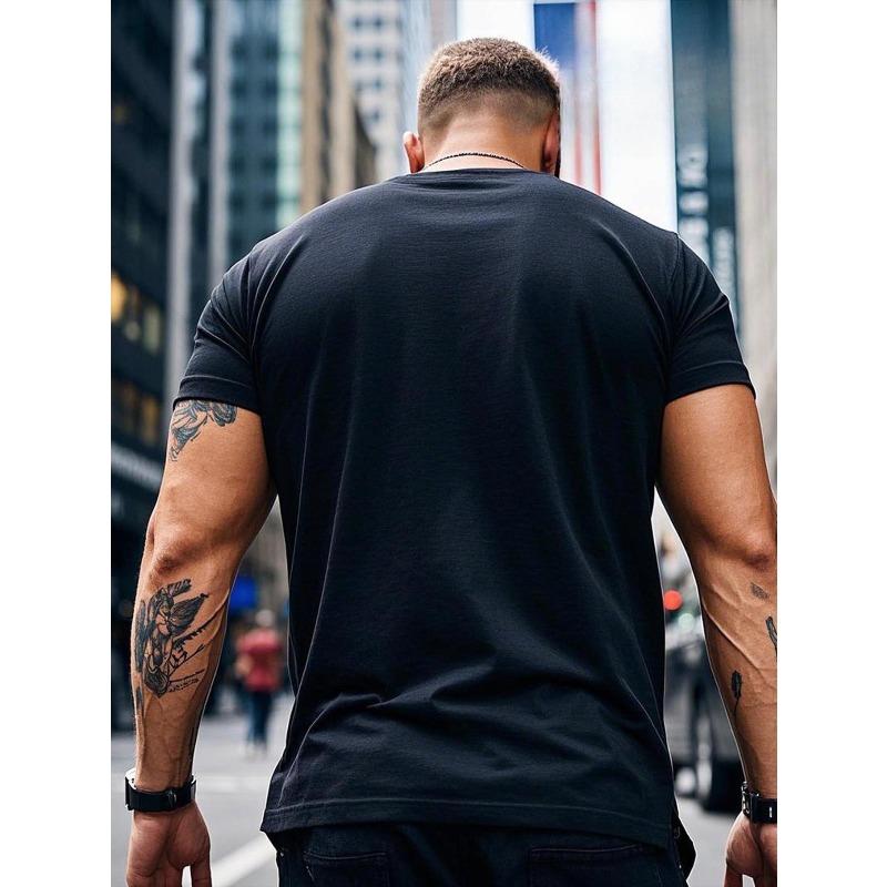 European Size Men's Christian Graphic T-Shirt, Casual Crew Neck, Short Sleeve, Black with Golden Print, Large Sizes Available
