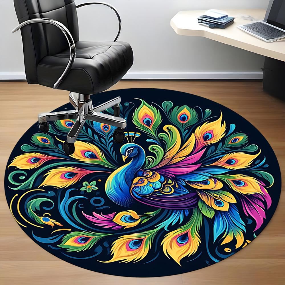 1PC Peacock Feather Design Office Round Rug, Non slip, Soft and Durable Office Rug for Interior Decoration, Perfect for Office