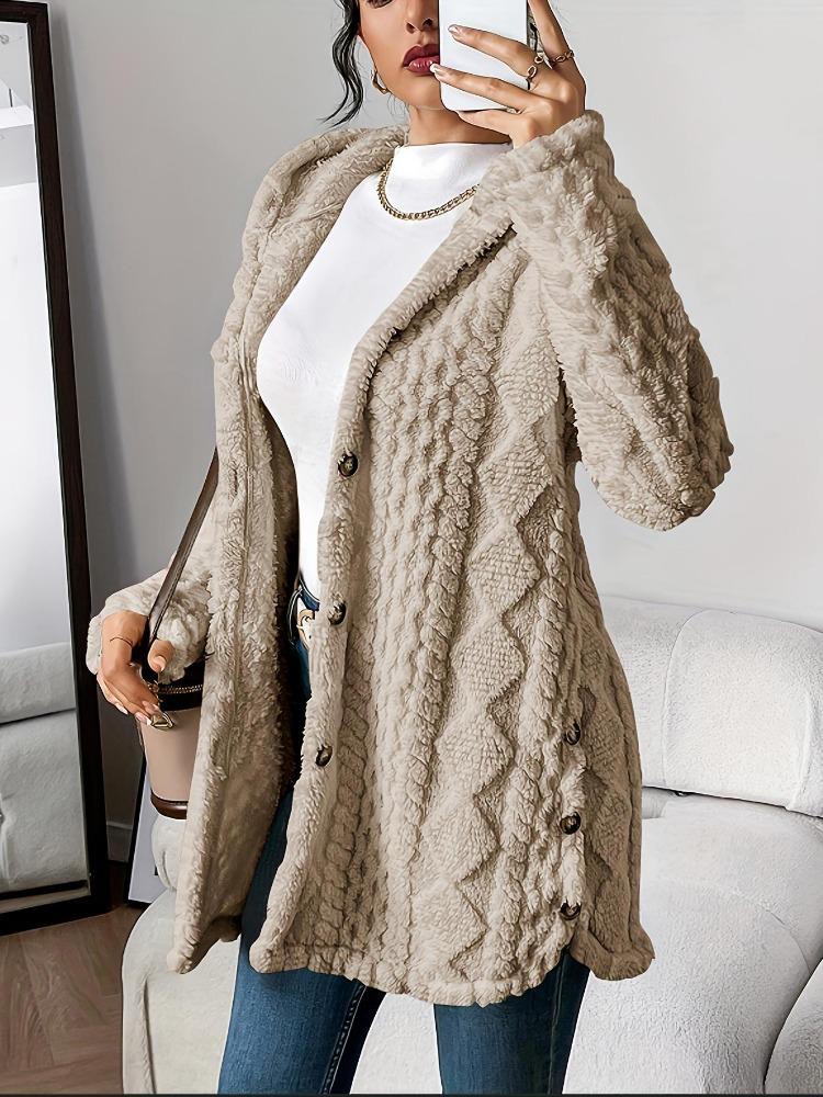 

Hooded Long Sleeve Loose Fit Plush Warm Winter Coat Diamond Pattern Jacket Women Side Slit Design Open Collar Machine Washed XXL хакі