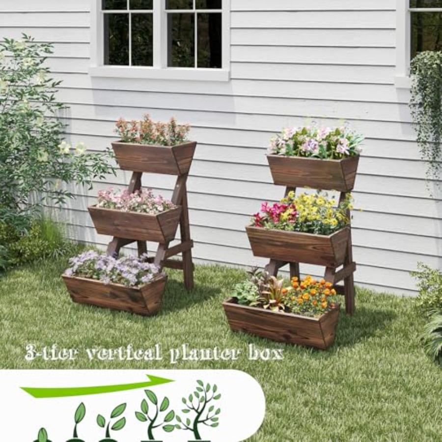 3-Tiers Carbonized Wooden Raised Garden Bed Tiered Planter Box Vertical Garden Planter Wood Plant Stand Kit for Vegetables Flow