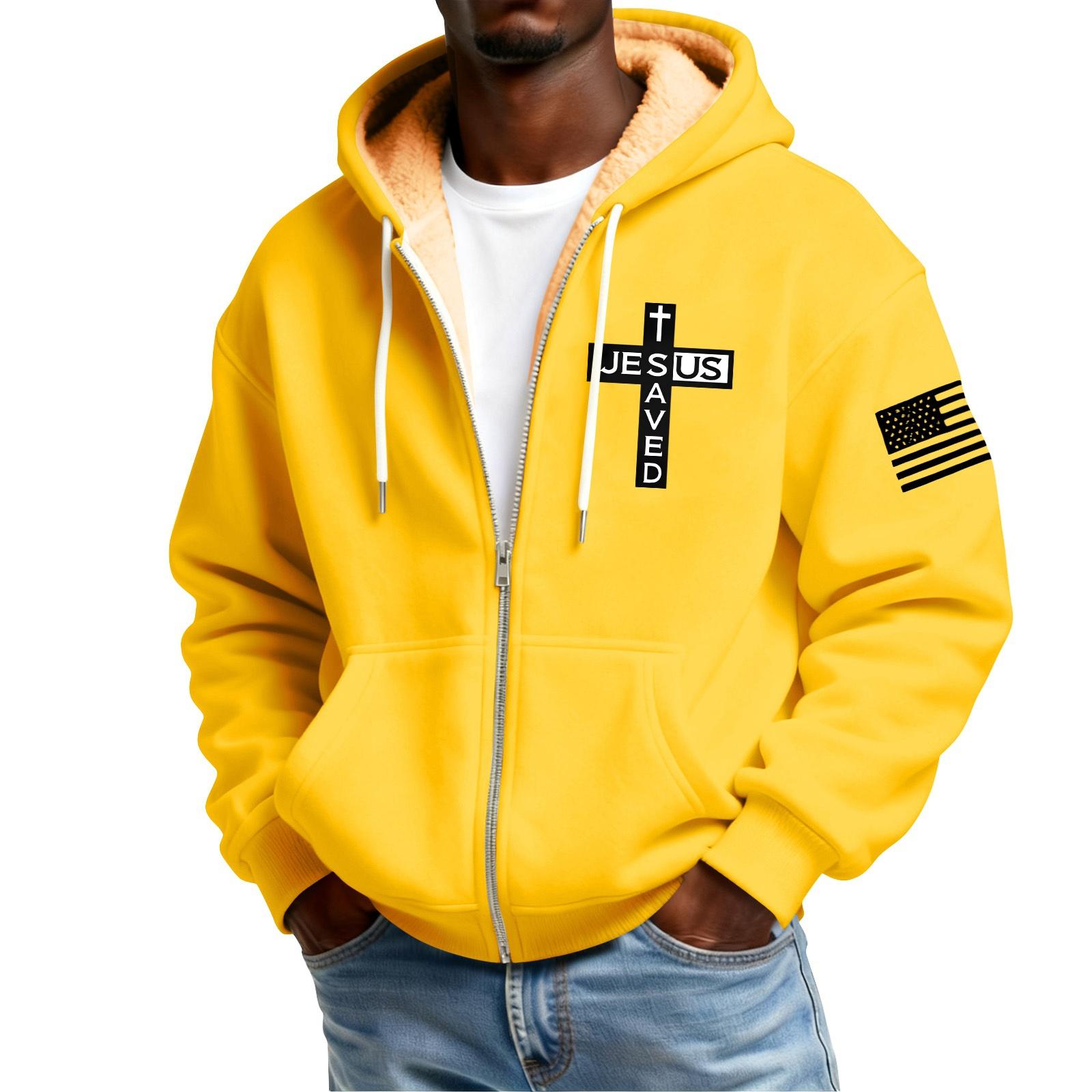 

Men s Print Fleece-Lined Zip-Up Pocket Hooded Sweatshirt Cardigan Men s Casual Sweatshirt Cardigan XL жовтий