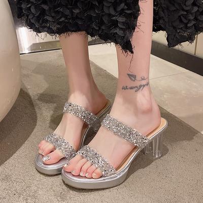 2025 Summer New High Heels Crystal Thick Heel Wear Women Sandals Women Rhinestone Transparent Word with Cool Slippers Women