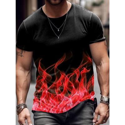 Summer Burning Men's Casual Loose Short Sleeved T-shirt Gradient Color 3D Printed Round Neck T-shirt Fire