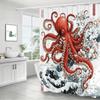 Ukiyo-E Octopus Shower Curtain – Red Tentacles, Hokusai Waves & Sakura, 2D Flat, 12 Hooks, 70.8×70.8 In, Polyester