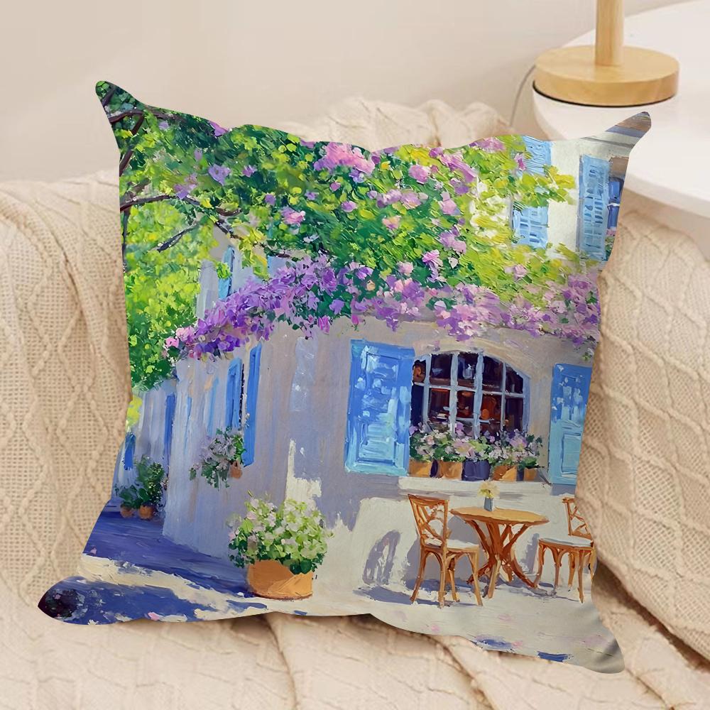 Street Leisure Oil Painting Cushion Cover Silky Short Plush Invisible Zipper Dustproof Sofa Pillow Case For Home Decor