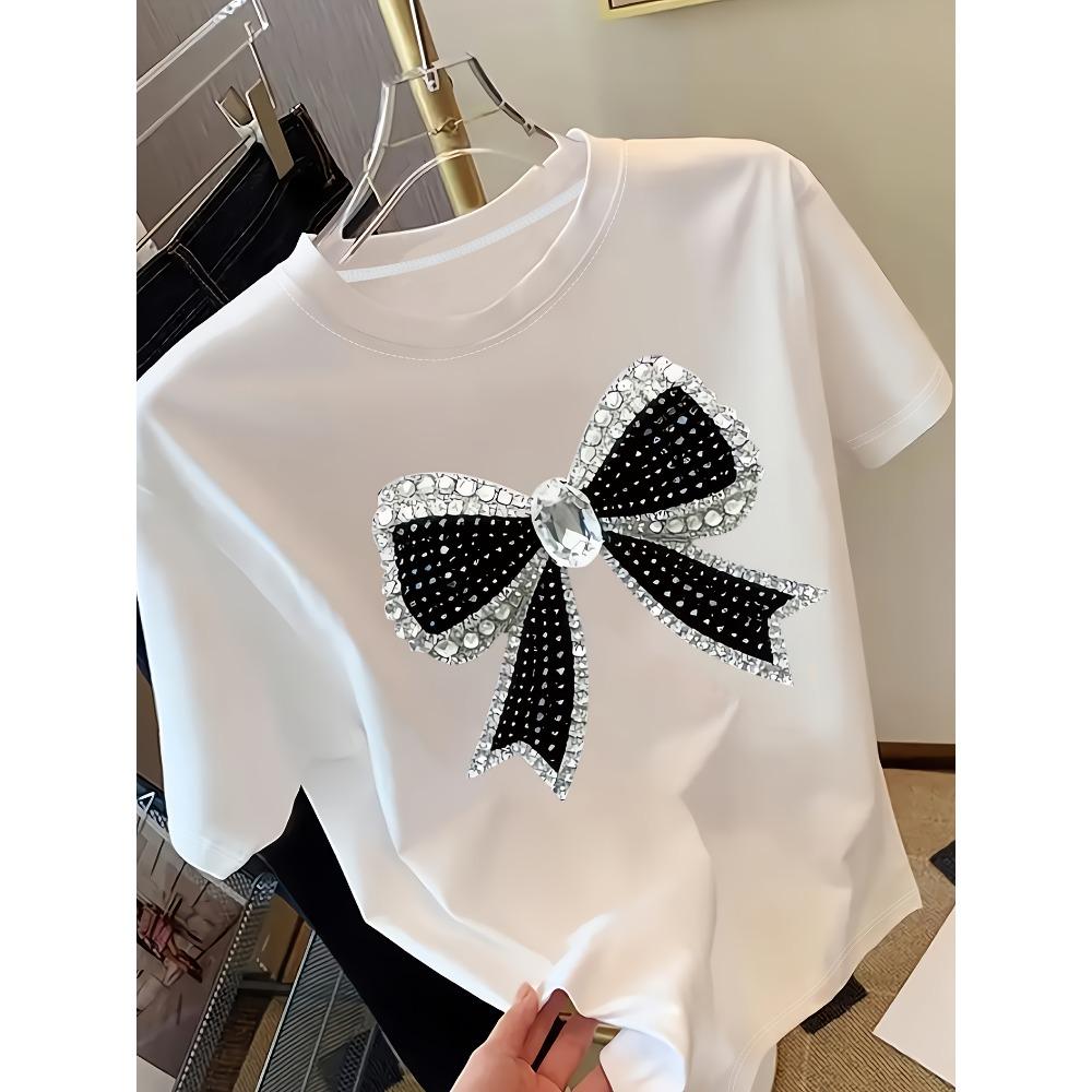 

Elegant Bow and Diamond Print T-Shirt, Women s Fashionable Printed T-Shirt, Summer Short-Sleeve Street Style Party Nightclub Top M