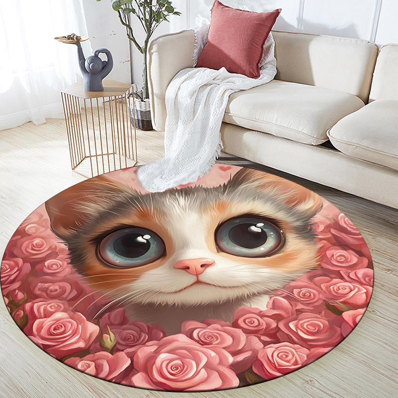 Pink calico cat pattern round rug,Carpet Rug for Living Room Bedroom Playroom ,Non-slip Floor Mat,Holiday Gifts and Birthday Gifts.