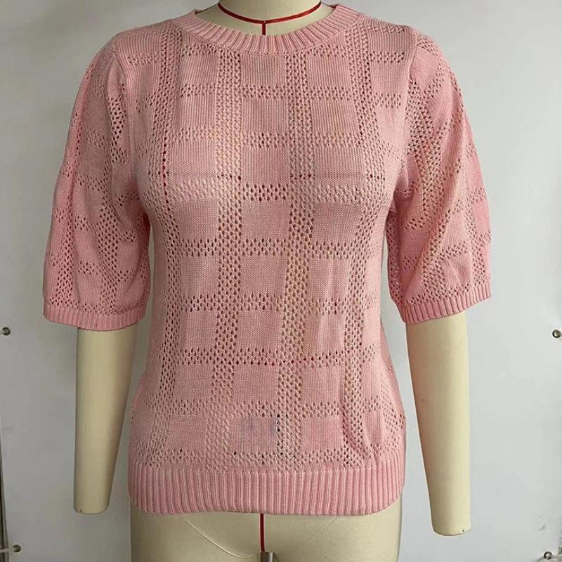 Neuer Sommer Damen Rundhals Hohl Sonnenschutzkleidung Gestrickter Pullover Bluse