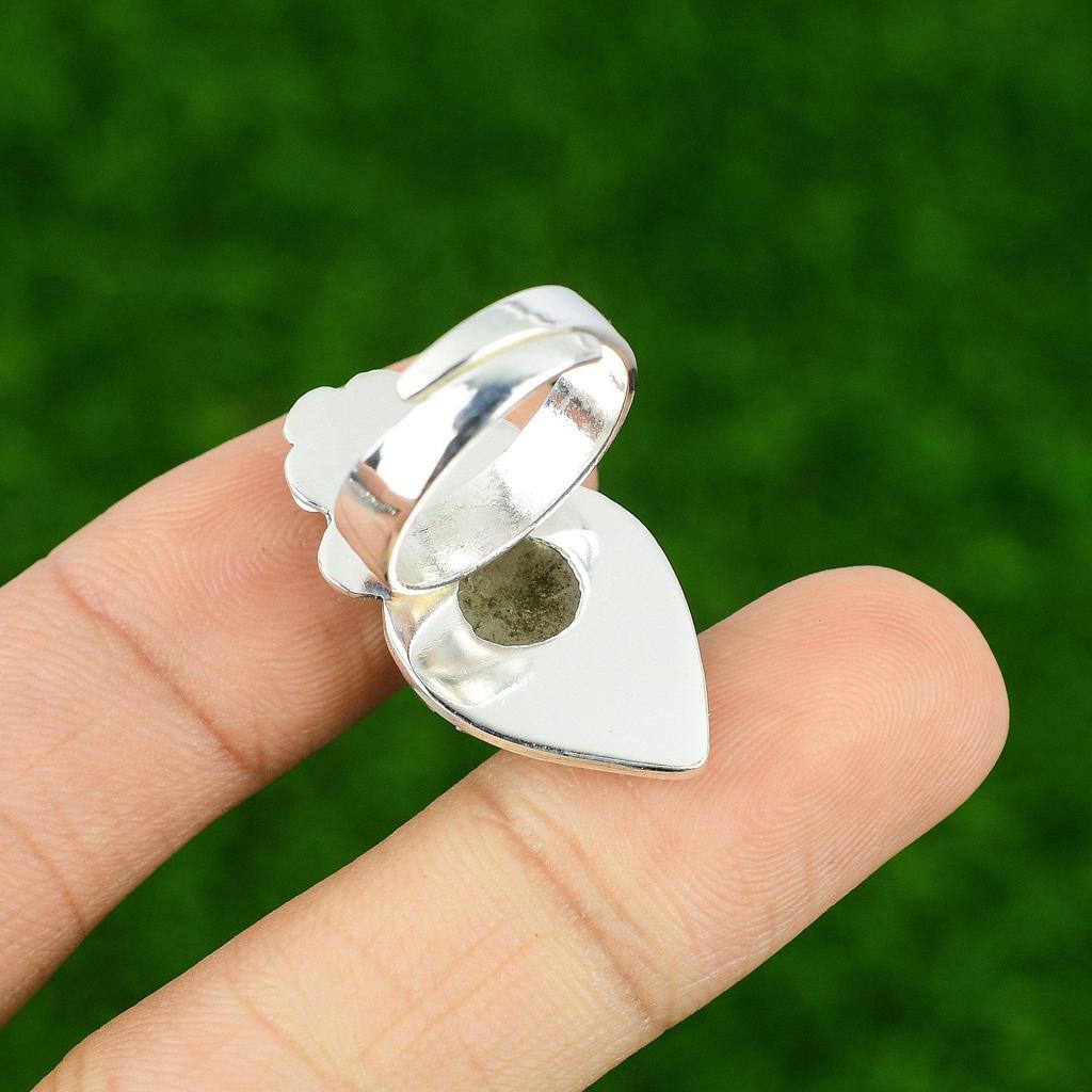 Gift For Her Natural Rainbow Moonstone Promise Flower Adjustable Ring 925 Silver