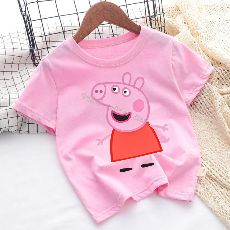 Peppa Pigs T-shirt for Children Cartoon Anime Tee Top Pink Blue Round Collar Clothes Boys Girls Short Sleeve Kids Clothing Gift