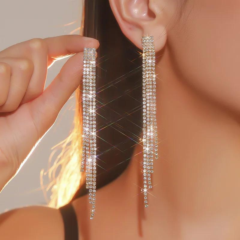 Boucles d'oreilles longues à pampilles en cristal strass brillant 4 lignes pour femmes mariage fête pendantes pendantes mariée brincos