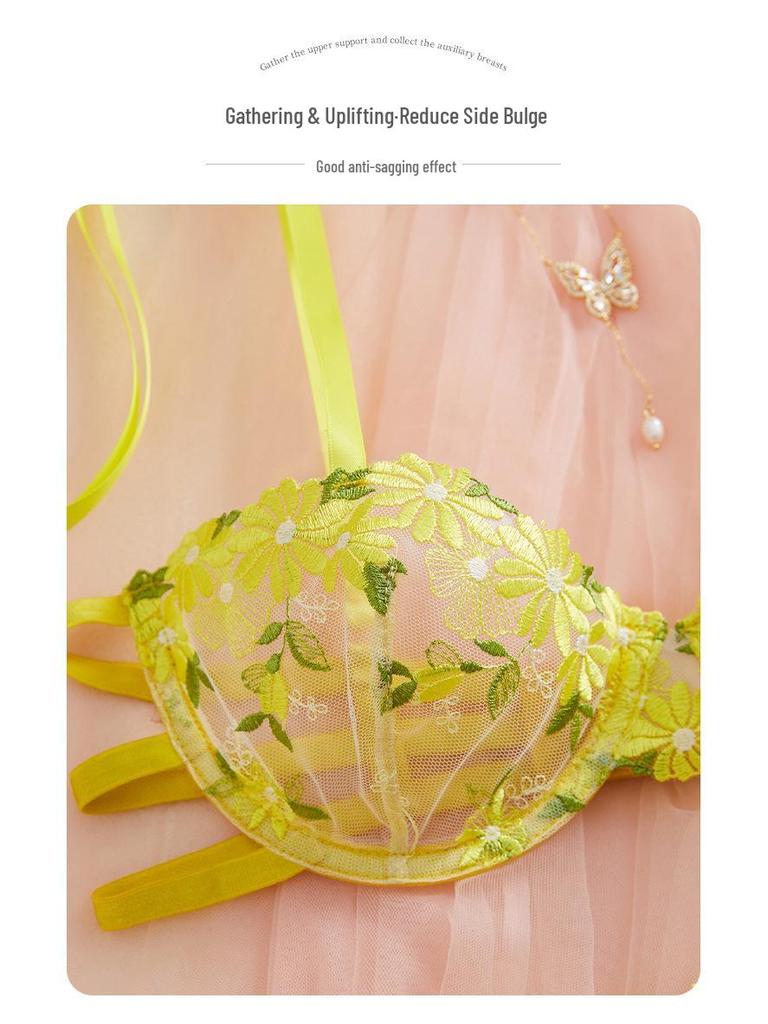 Herbstliches florales besticktes Spitzen-Dessous-Set - Durchsichtiger BH & String