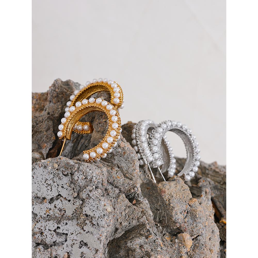 Yhpup Elegant Imitation Pearls Stainless Steel C Shape Geometric Hoop Huggie Earrings Vintage Metal Charm Stylish Jewelry Bijoux