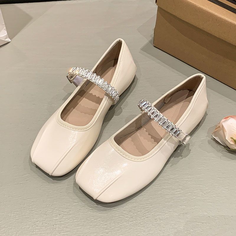 One word with rhinestone flat bottom Mary Jane women's shoes new square head shallow mouth soft sole single shoes