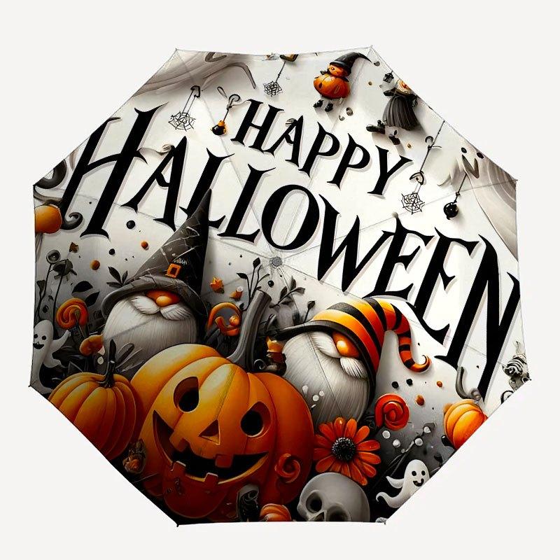 Halloween Spooky Gnomes&Pumpkins DecorUmbrella with Cute Design,Portable 3-Fold Compact Umbrella for Men&Women,Valentine's Day Mother's Day