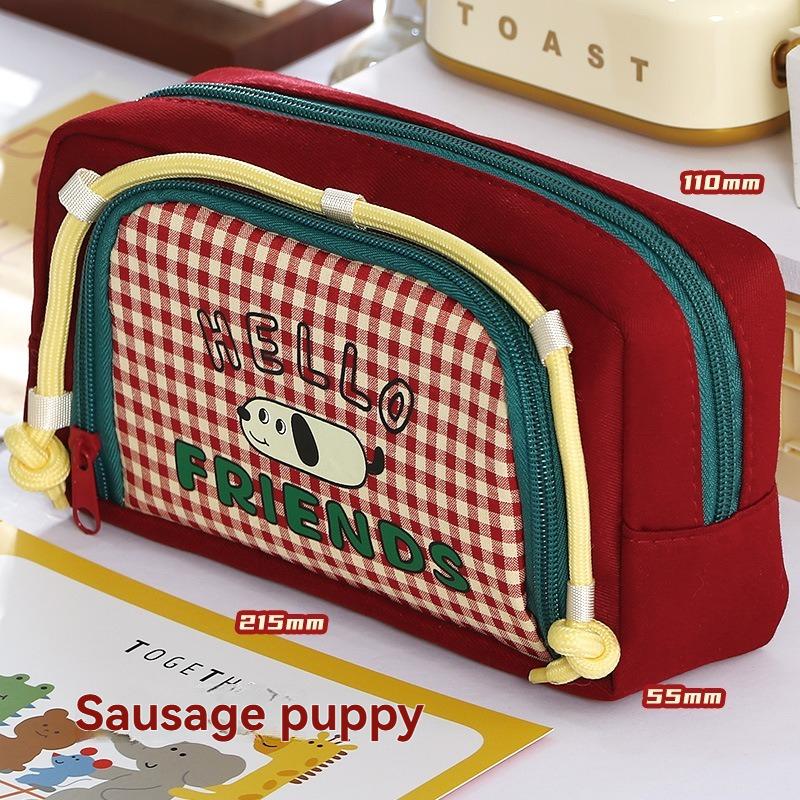 Cartoon Puppy Large Capacity Retro Lattice Window Pencil Bag For Men And Women Universal Cute High  Value Dirty Resistant Statio