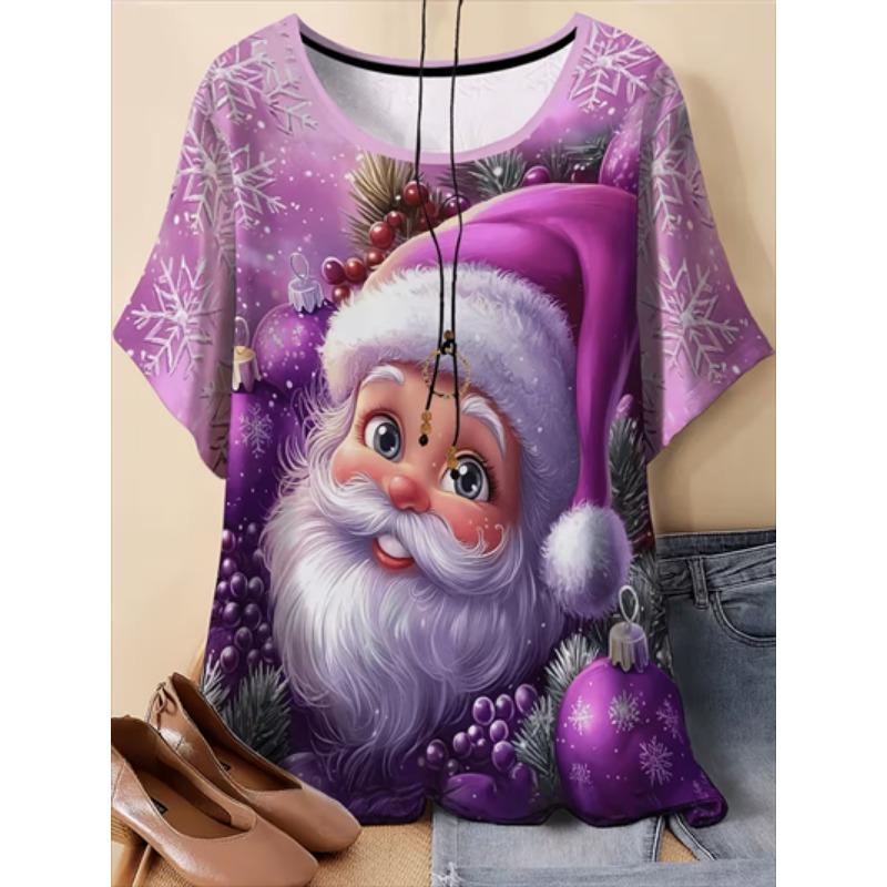 Women's Christmas T-Shirt Holiday Top Tee Round Neck Shirt Festive Wear Cheerful Print Short Sleeve T-Shirt