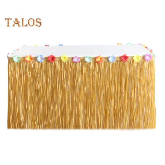 Hawaiian Party Table Skirt Waterproof Tropical Luau Party Colorful Flower Grass Tassels Table Skirt Summer Beach Themed Aloha Party Decoration Party
