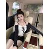 Vintage Sexy Bow Lace 2 Piece Set Women Summer New Design Chic Slim Suit Female Fashion Black Knitted Cardigan+Solid Strap Tops