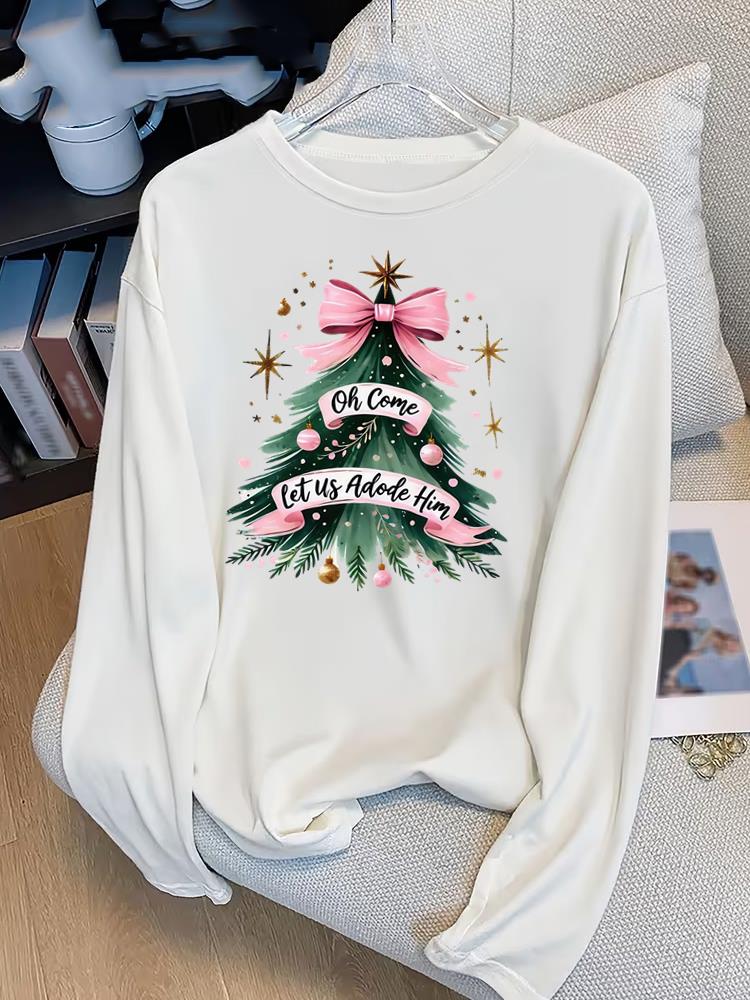 (Asian Size) Bow Tree Style Print T Shirt Christmas New Year Graphic Tee Women Autumn Winter Casual Fashion Top Clothing Long Sleeve T-shirts