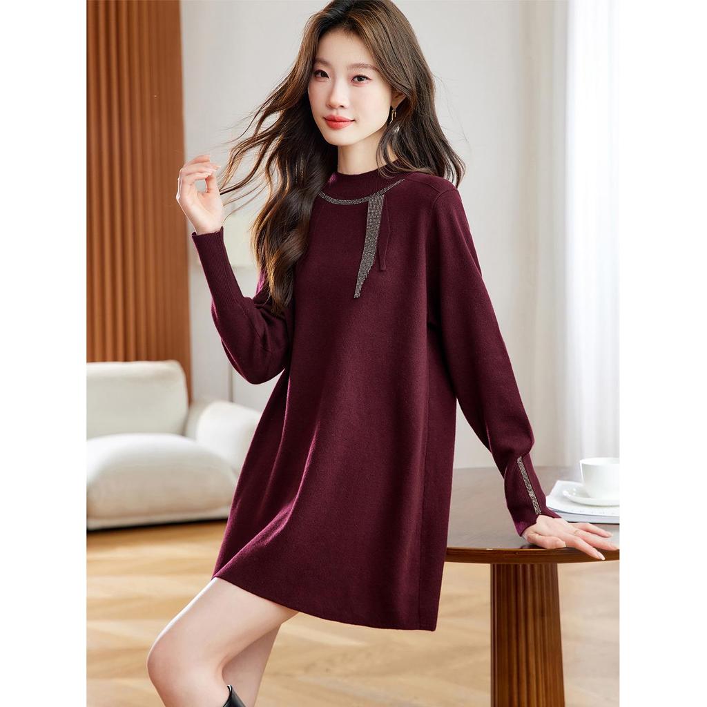 2025 Rhinestone High Neck Knit Midi Dress for Petite Women