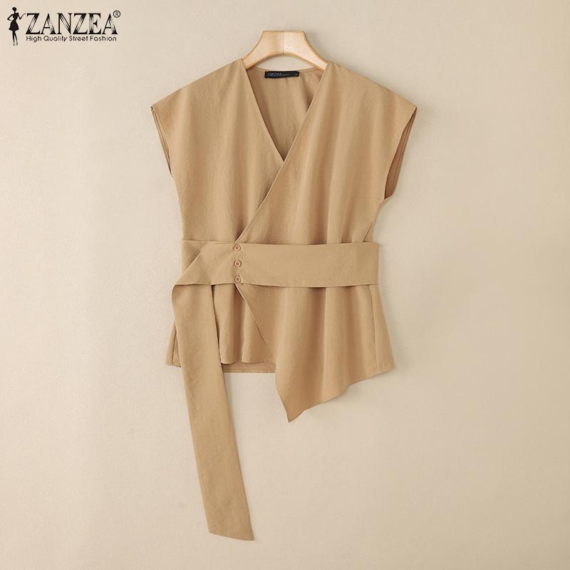 ZANZEA Women Casual V Neck Short Sleeve Side Button Irregular Loose Blouse