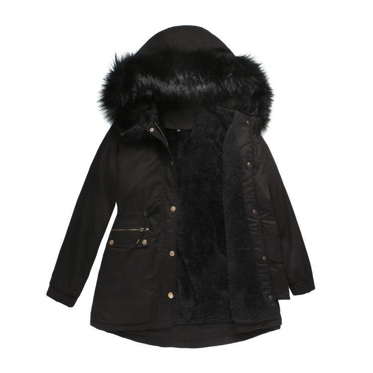 Warm Fluffy Winter Jacket Medium Long Hooded Collar Parker Coat Cotton Zipper Coat
