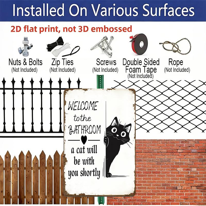 2D Flat, 1pc Vintage Humorous Aluminium Wall Art Sign "Welcome To The Bathroom, A Cat Will Be with You Shortly"- 8"x12" Aluminium Rustic Bathroom