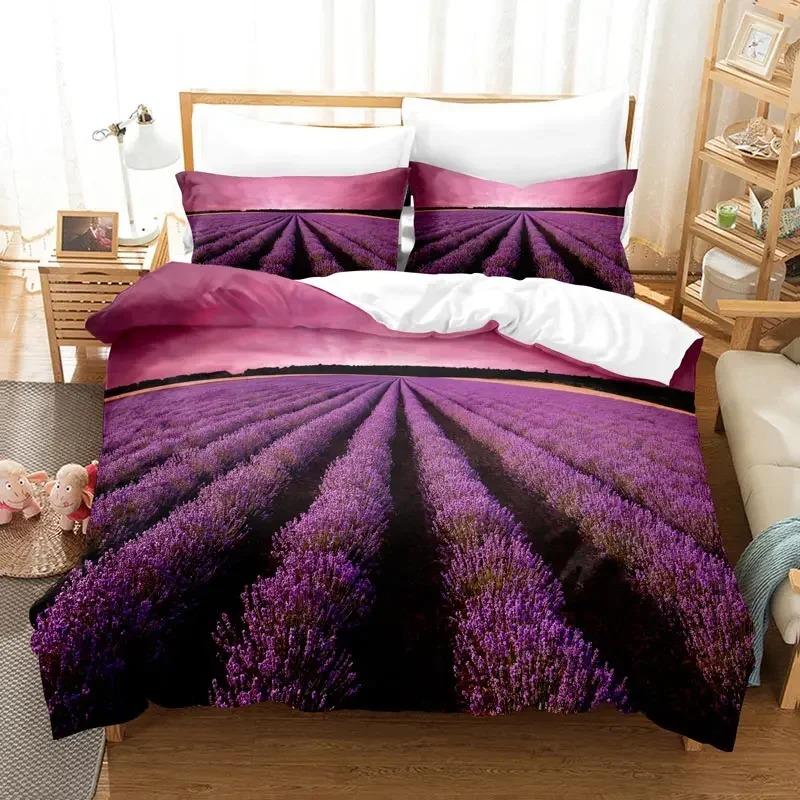 3D Print Purple Lavender Floral Bedding Set, Nature Flower Duvet Cover and Pillowcase Set for Adults Teens Bedroom Decor